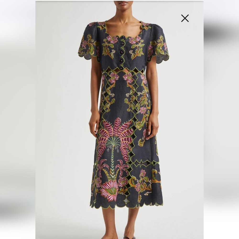 Farm Rio linen midi dress with embroidery NWT Sz XS - Picture 2 of 8